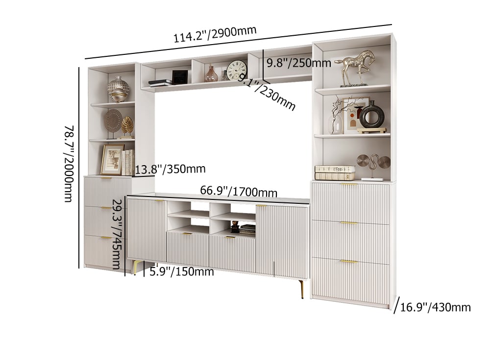 HMR - 114.2" Fluted Wood Storage 4-Piece Entertainment Center with Bookshelf White TV Stand