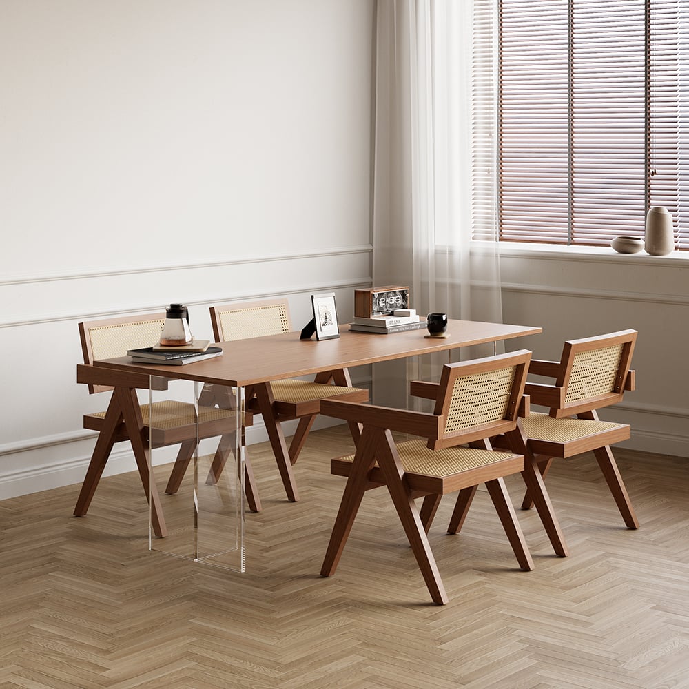 HMR Archic Japandi Bleached Wood Rattan Dining Chair with Solid Wood Frame - Walnut, Without Upholstery, 4-Pieces