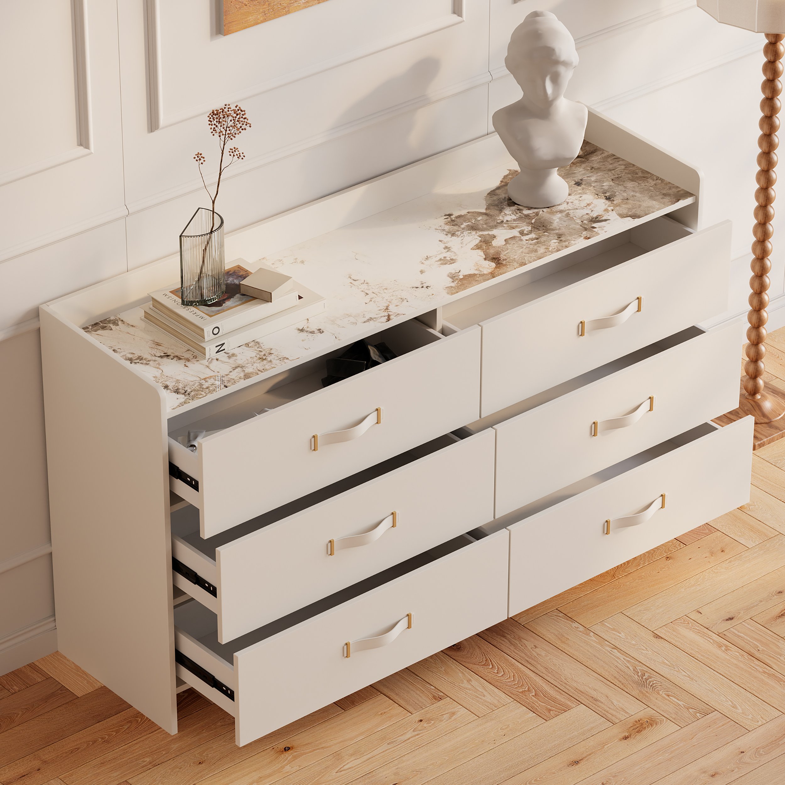 HMR - 59"W Modern White 6 Drawer Dresser Chest Bedroom Storage Cabinet