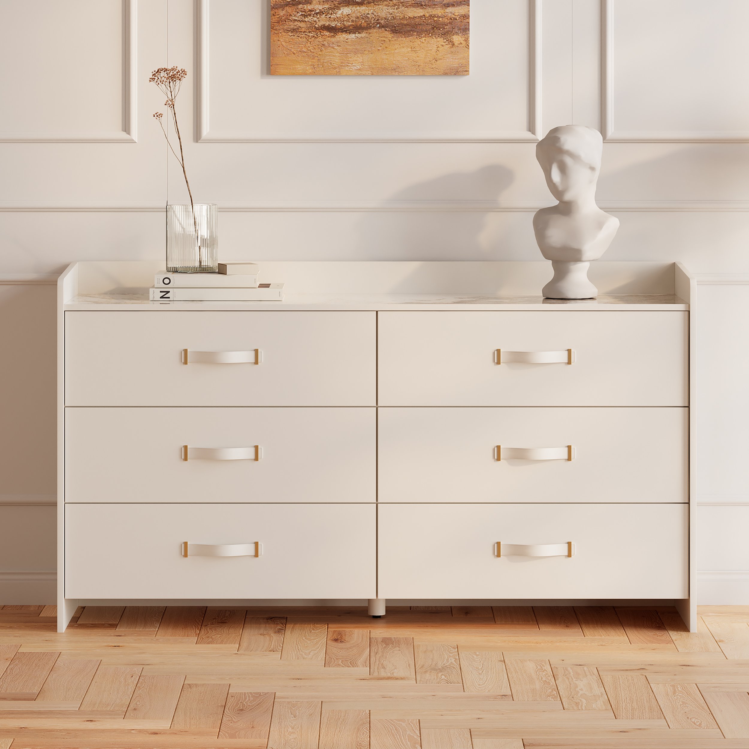 HMR - 59"W Modern White 6 Drawer Dresser Chest Bedroom Storage Cabinet