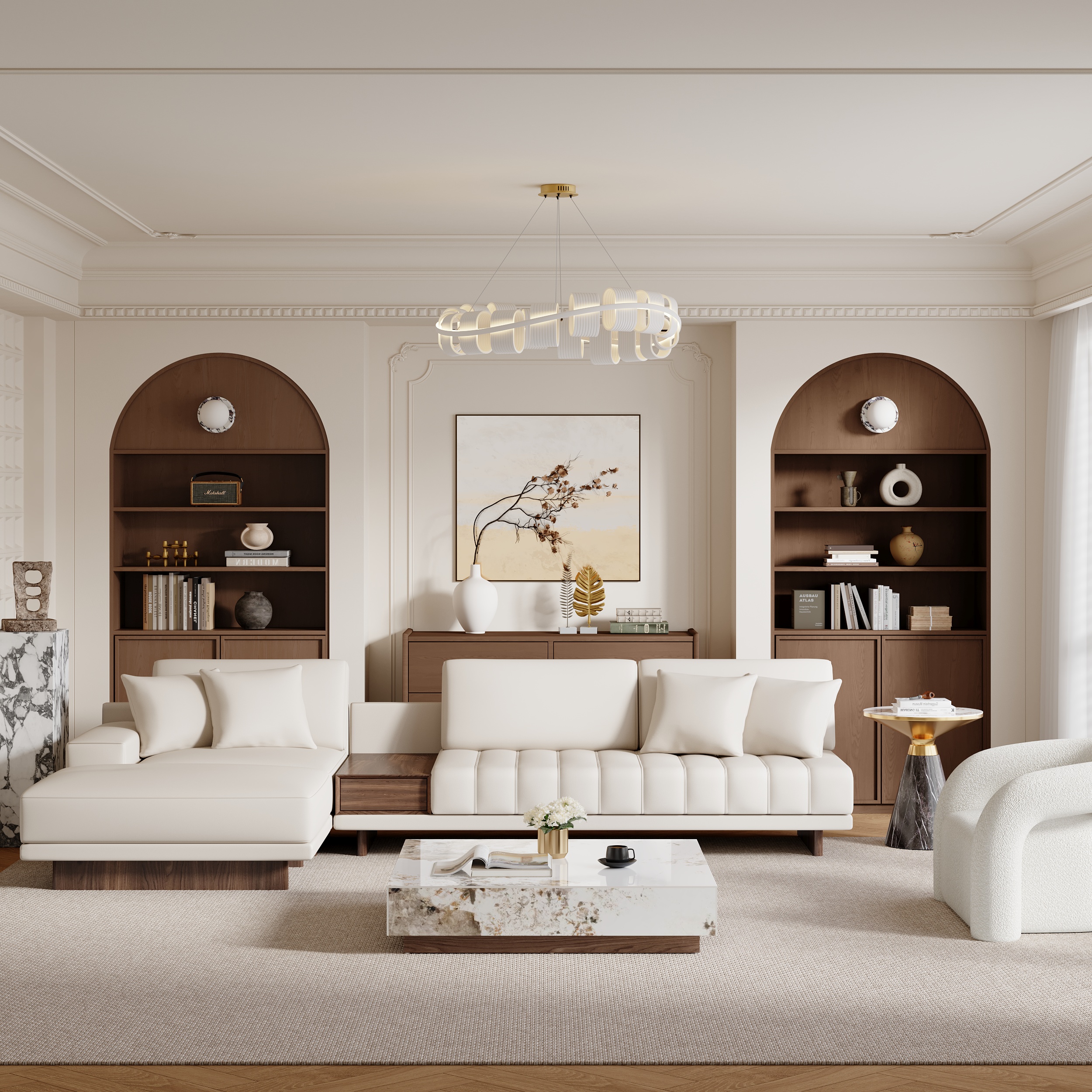 HMR 126" L-Shaped Modular Sectional with Chaise & Ottoman - Ivory, Leather