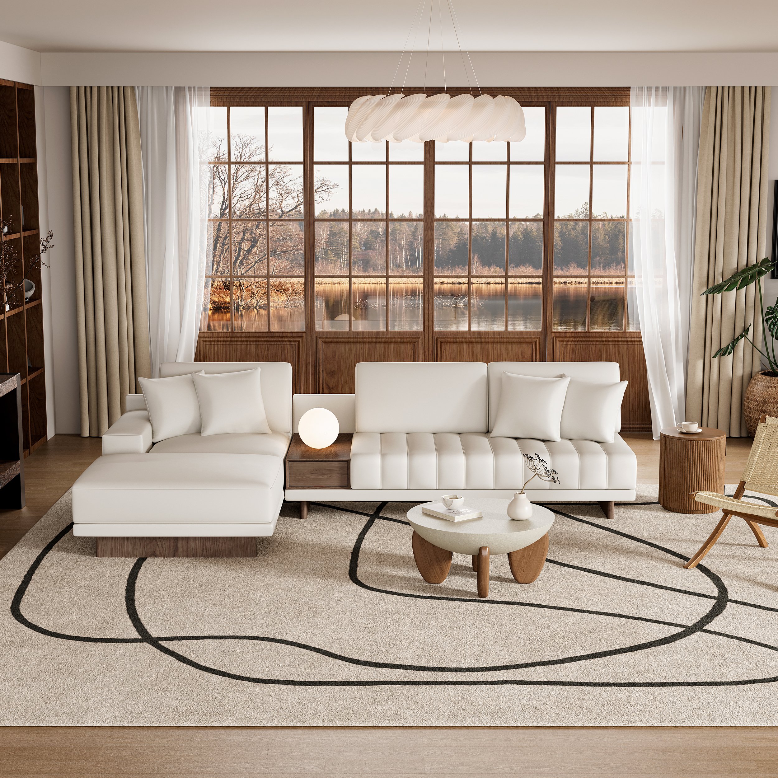 HMR 126" L-Shaped Modular Sectional with Chaise & Ottoman - Ivory, Leather