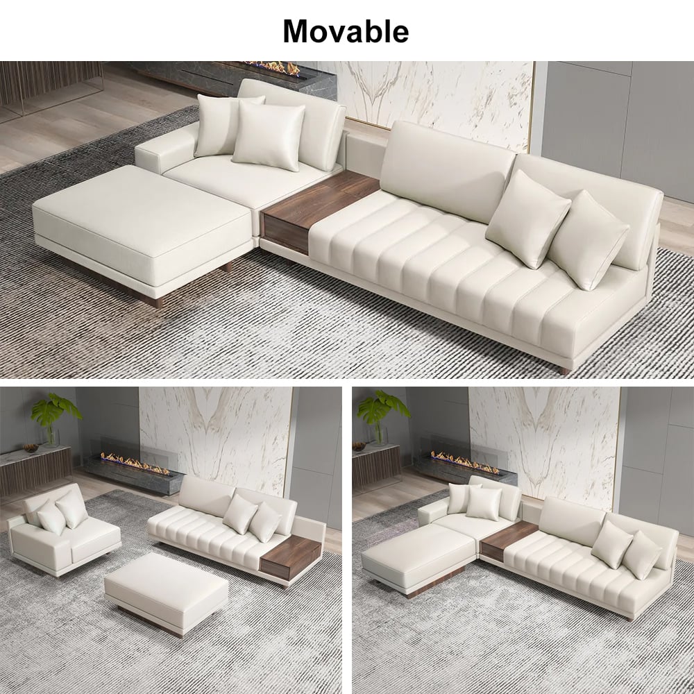 HMR 126" L-Shaped Modular Sectional with Chaise & Ottoman - Ivory, Leather