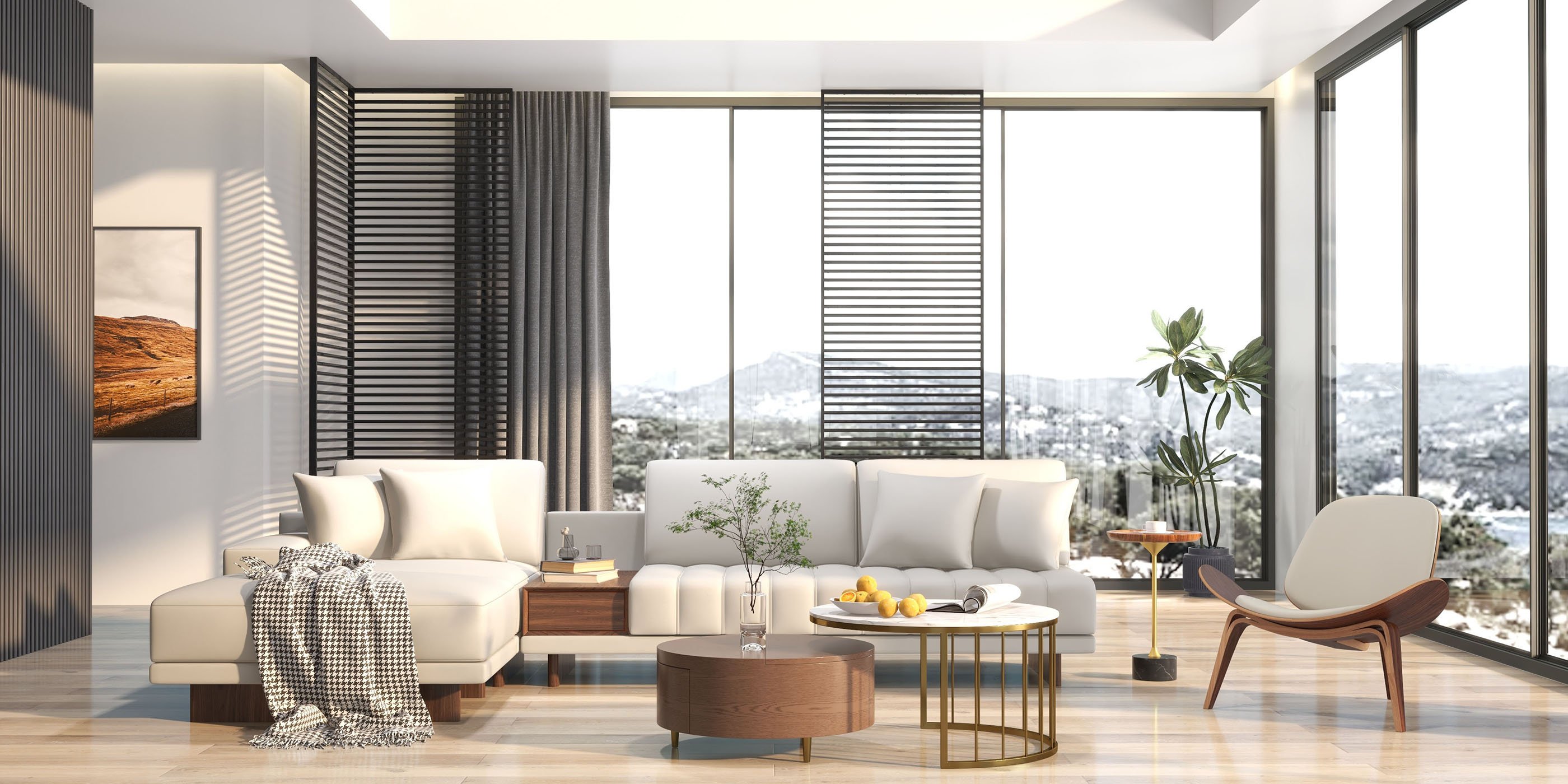 HMR 126" L-Shaped Modular Sectional with Chaise & Ottoman - Ivory, Leather