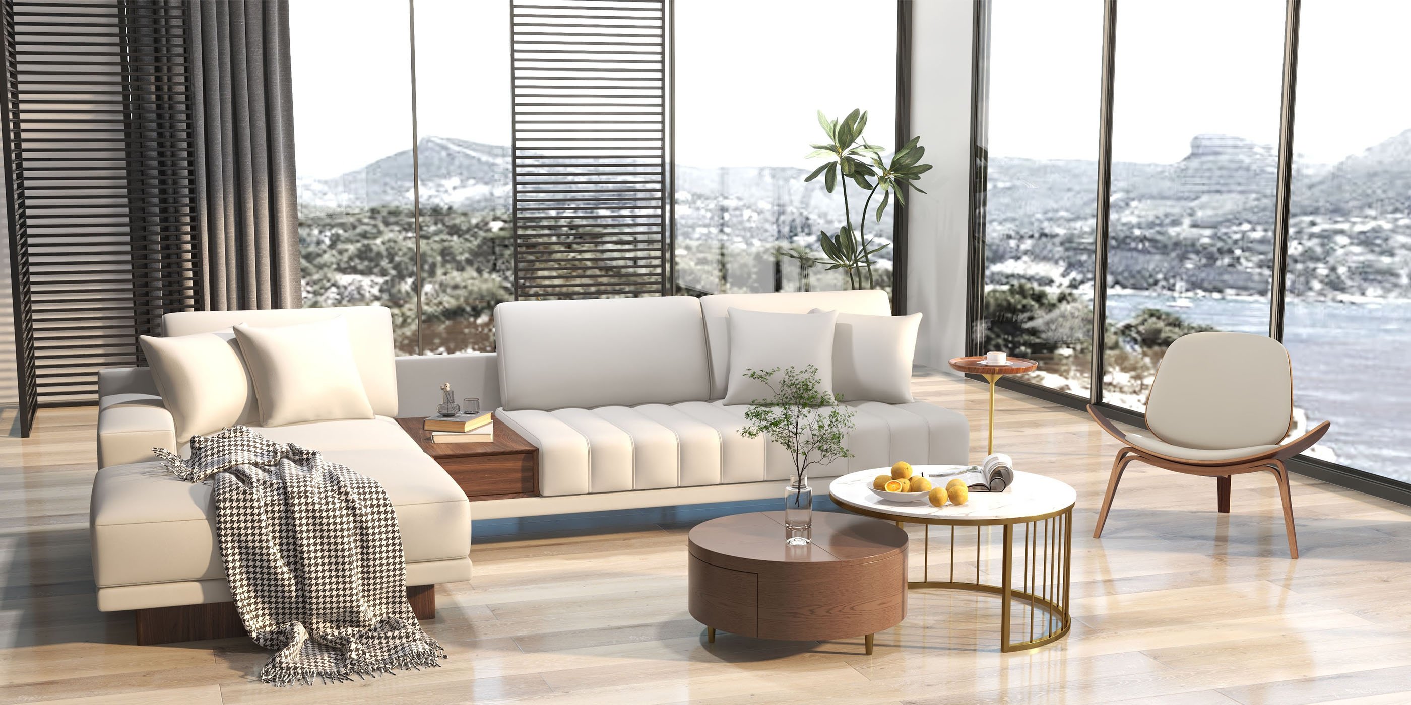 HMR 126" L-Shaped Modular Sectional with Chaise & Ottoman - Ivory, Leather