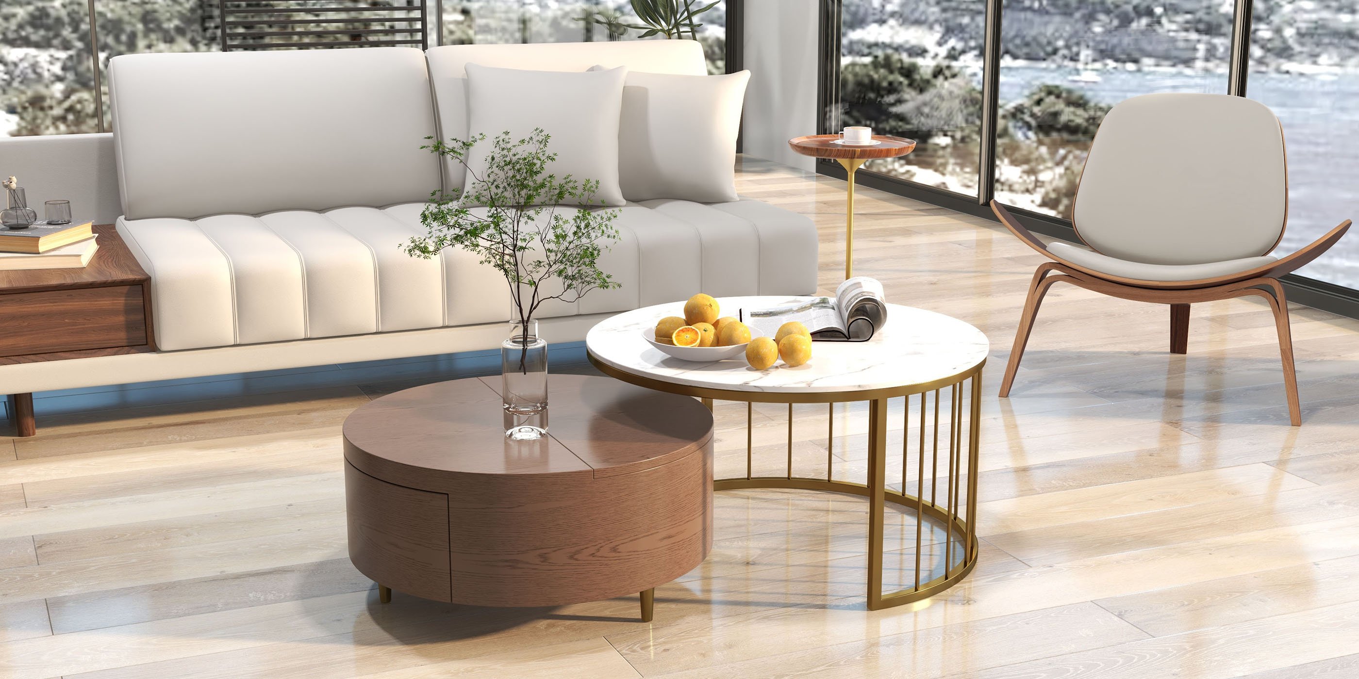 HMR 126" L-Shaped Modular Sectional with Chaise & Ottoman - Ivory, Leather