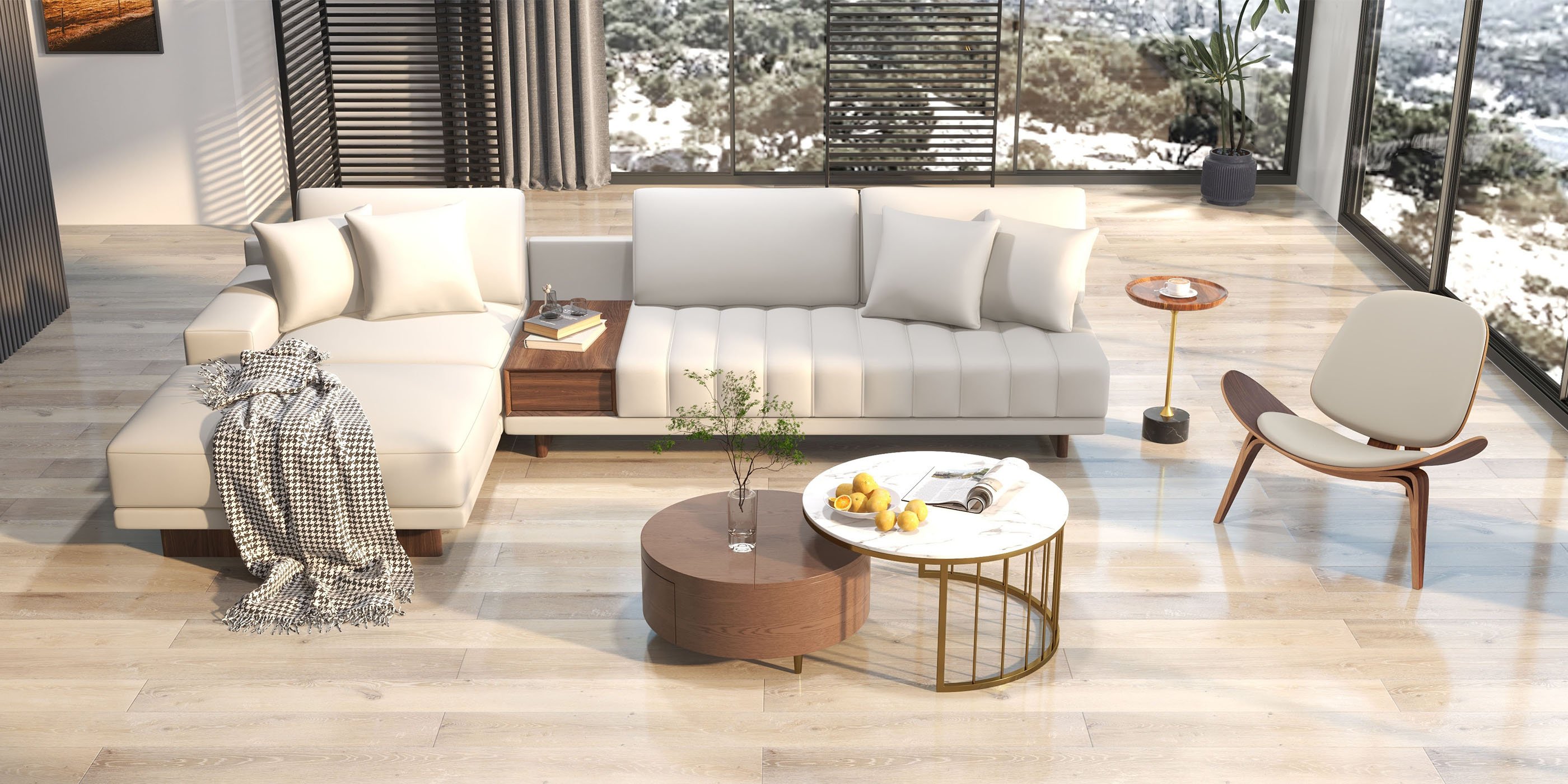 HMR 126" L-Shaped Modular Sectional with Chaise & Ottoman - Ivory, Leather