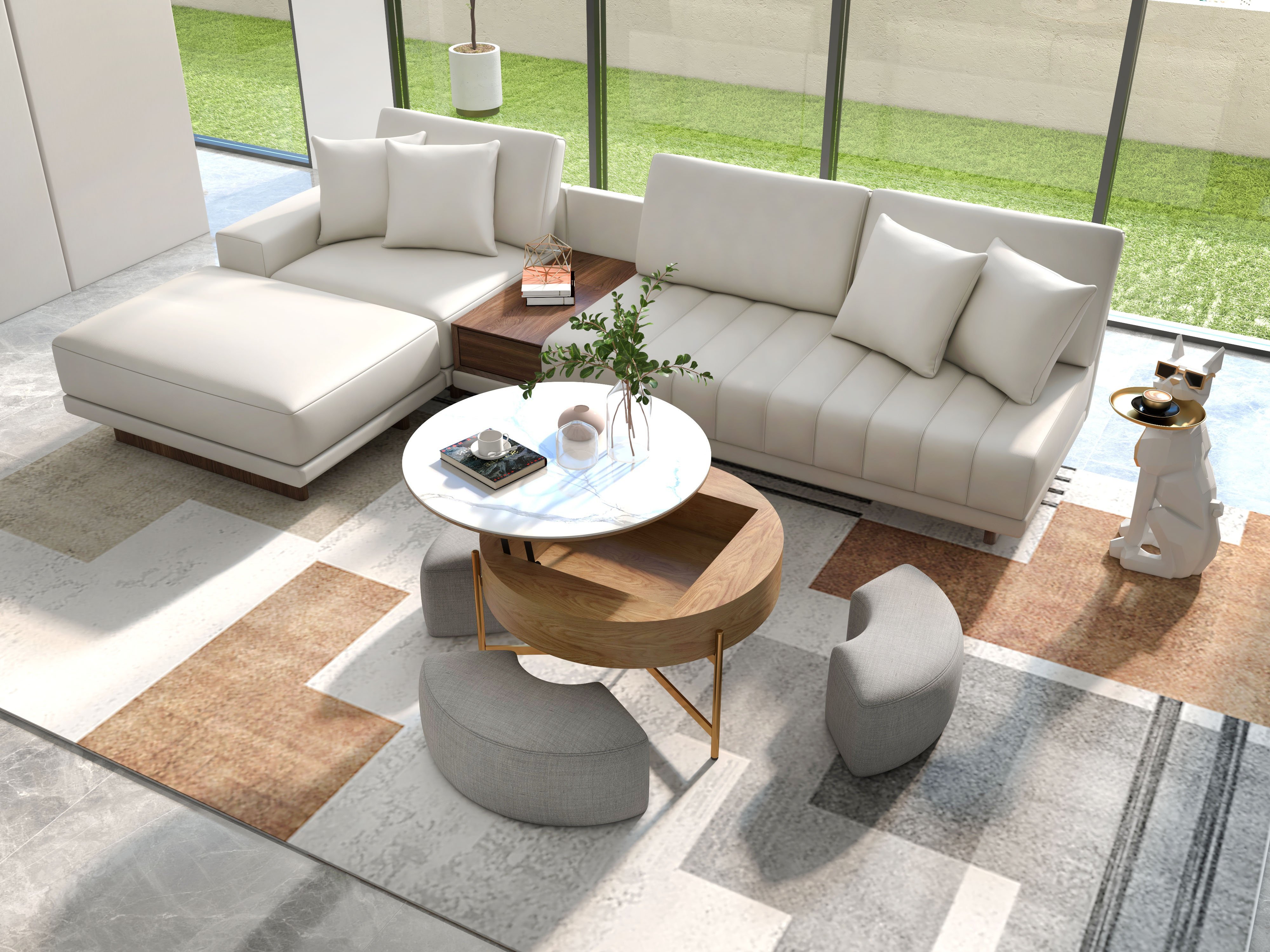 HMR 126" L-Shaped Modular Sectional with Chaise & Ottoman - Ivory, Leather