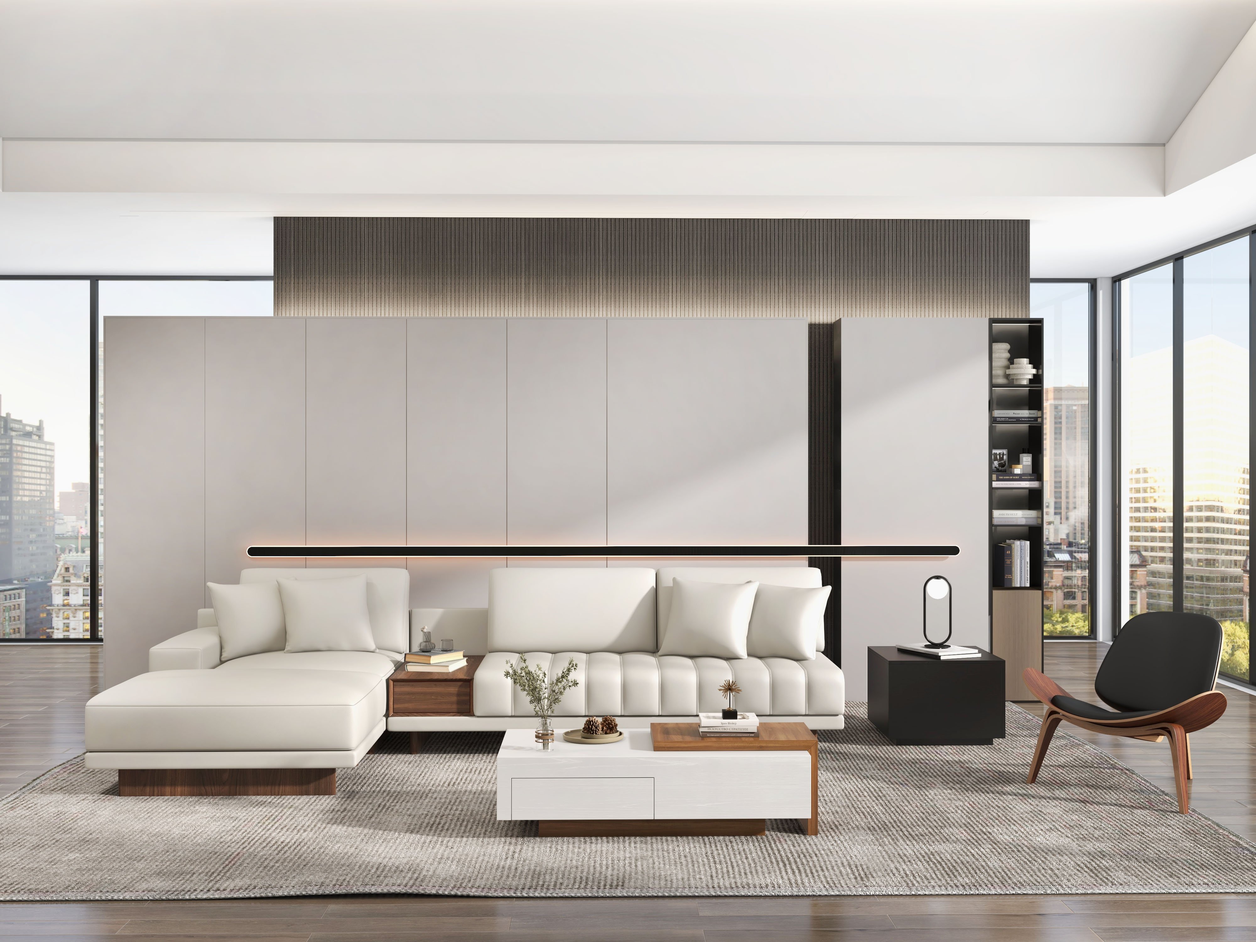 HMR 126" L-Shaped Modular Sectional with Chaise & Ottoman - Ivory, Leather