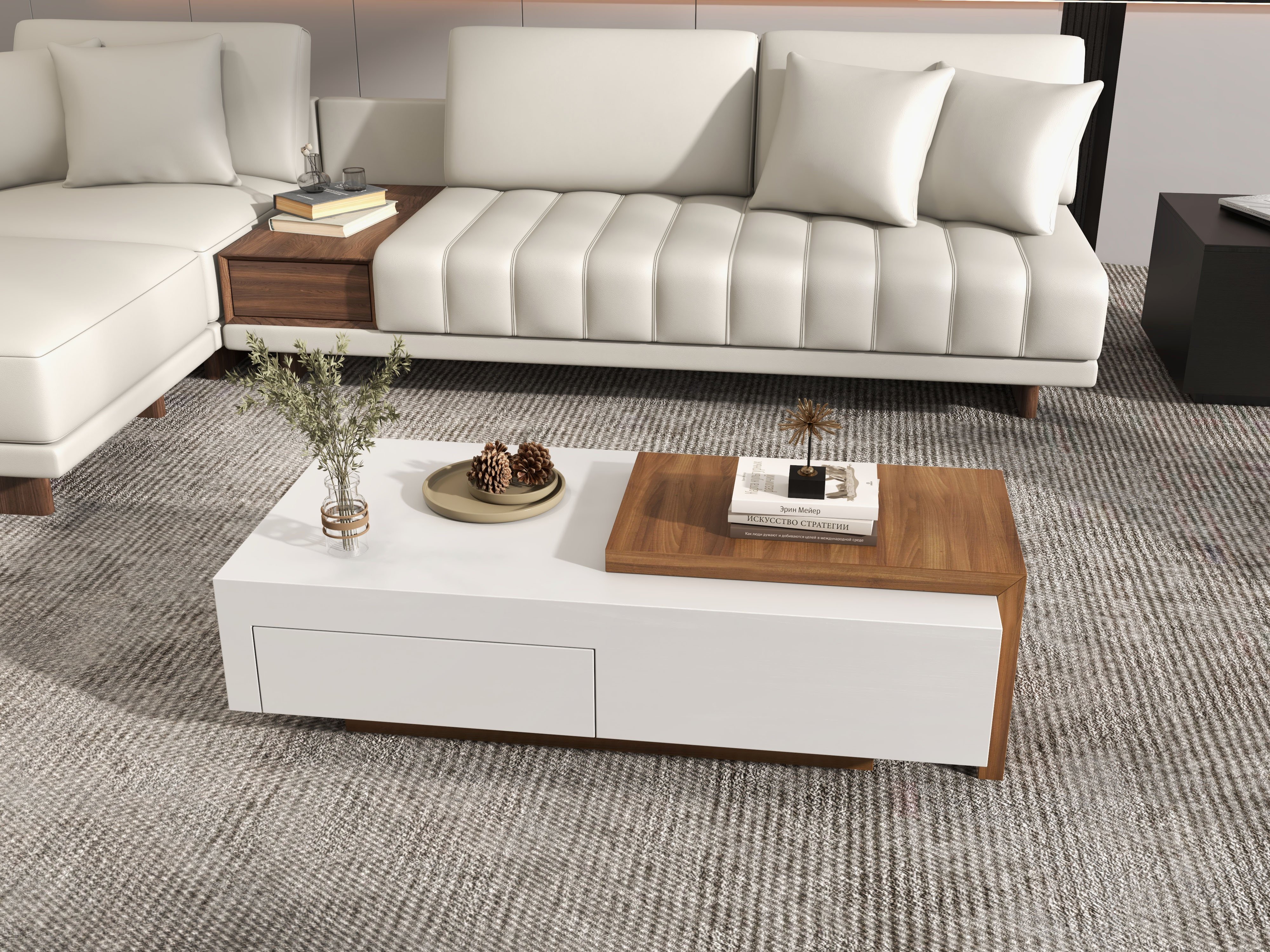 HMR 126" L-Shaped Modular Sectional with Chaise & Ottoman - Ivory, Leather