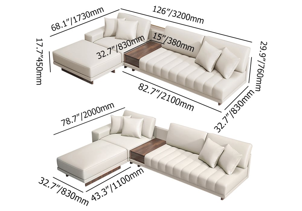HMR 126" L-Shaped Modular Sectional with Chaise & Ottoman - Ivory, Leather