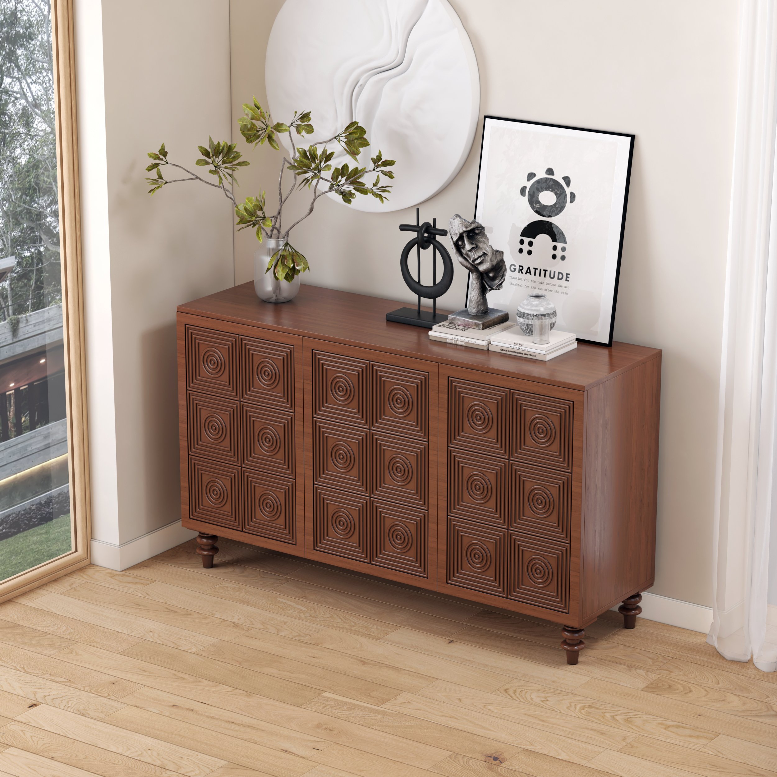 HMR - 63'' Brown Wood Carved Modern Sideboard Cabinet