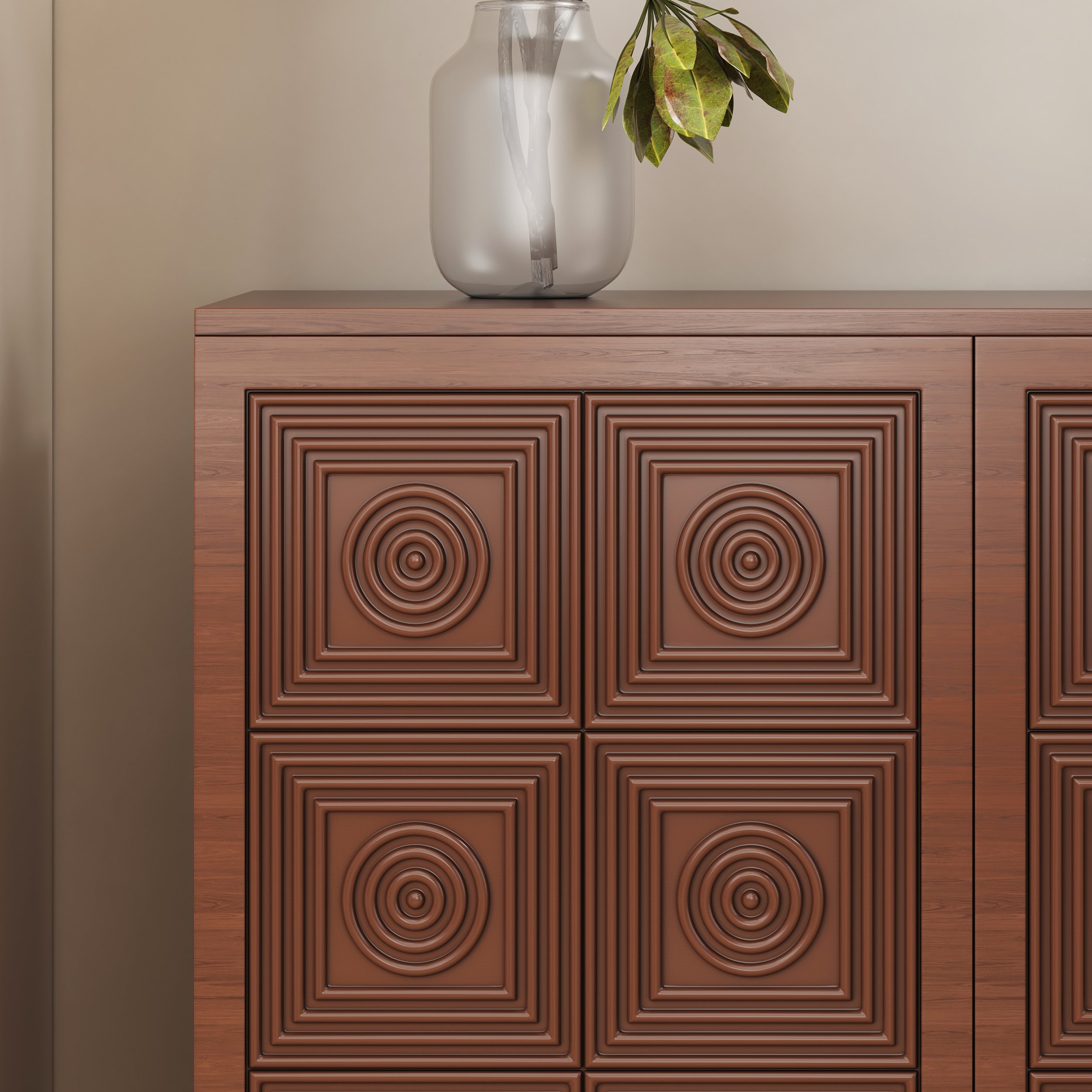 HMR - 63'' Brown Wood Carved Modern Sideboard Cabinet
