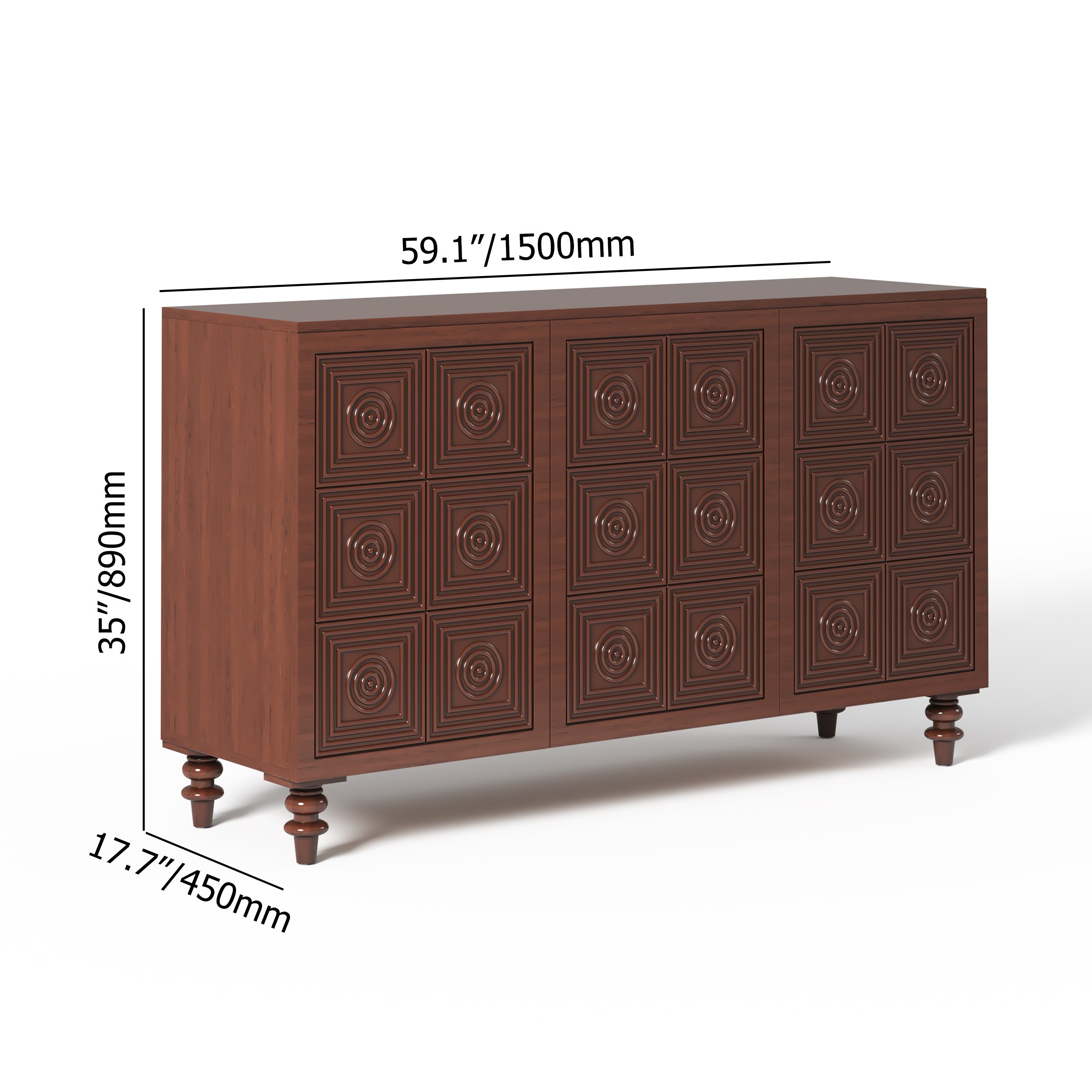 HMR - 63'' Brown Wood Carved Modern Sideboard Cabinet