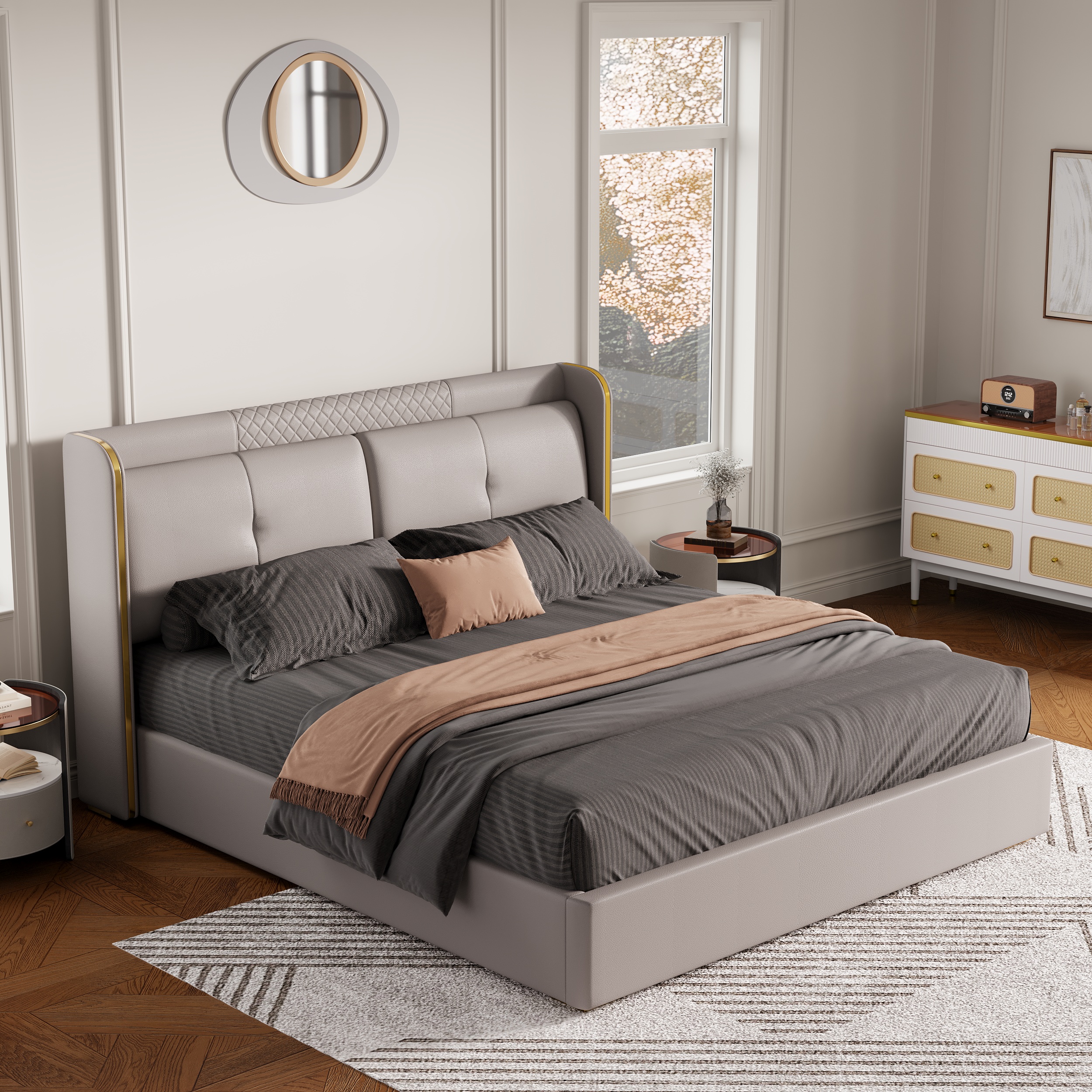 HMR Wingback Bed Headboard & 2 Nightstands Set with Wireless Charger - Light Gray, Queen, Style B
