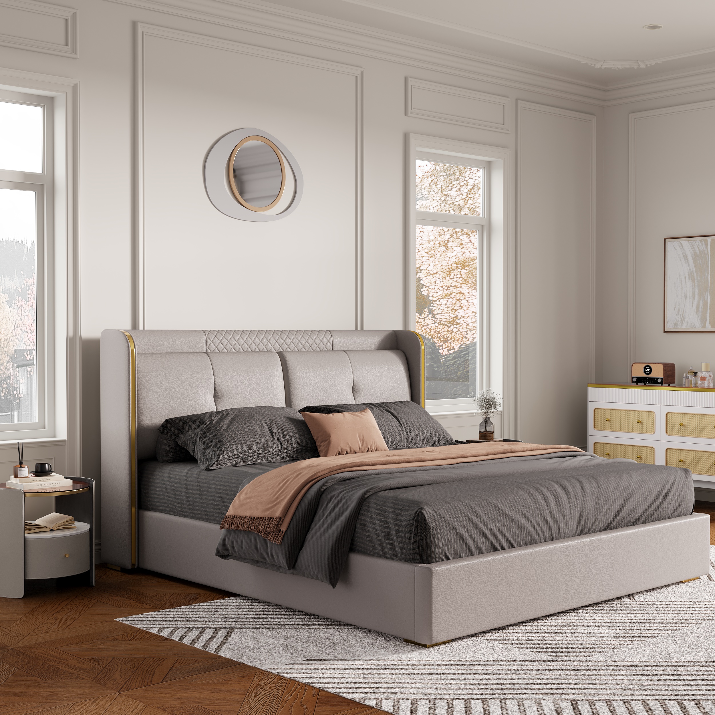 HMR Wingback Bed Headboard & 2 Nightstands Set with Wireless Charger - Light Gray, Queen, Style B