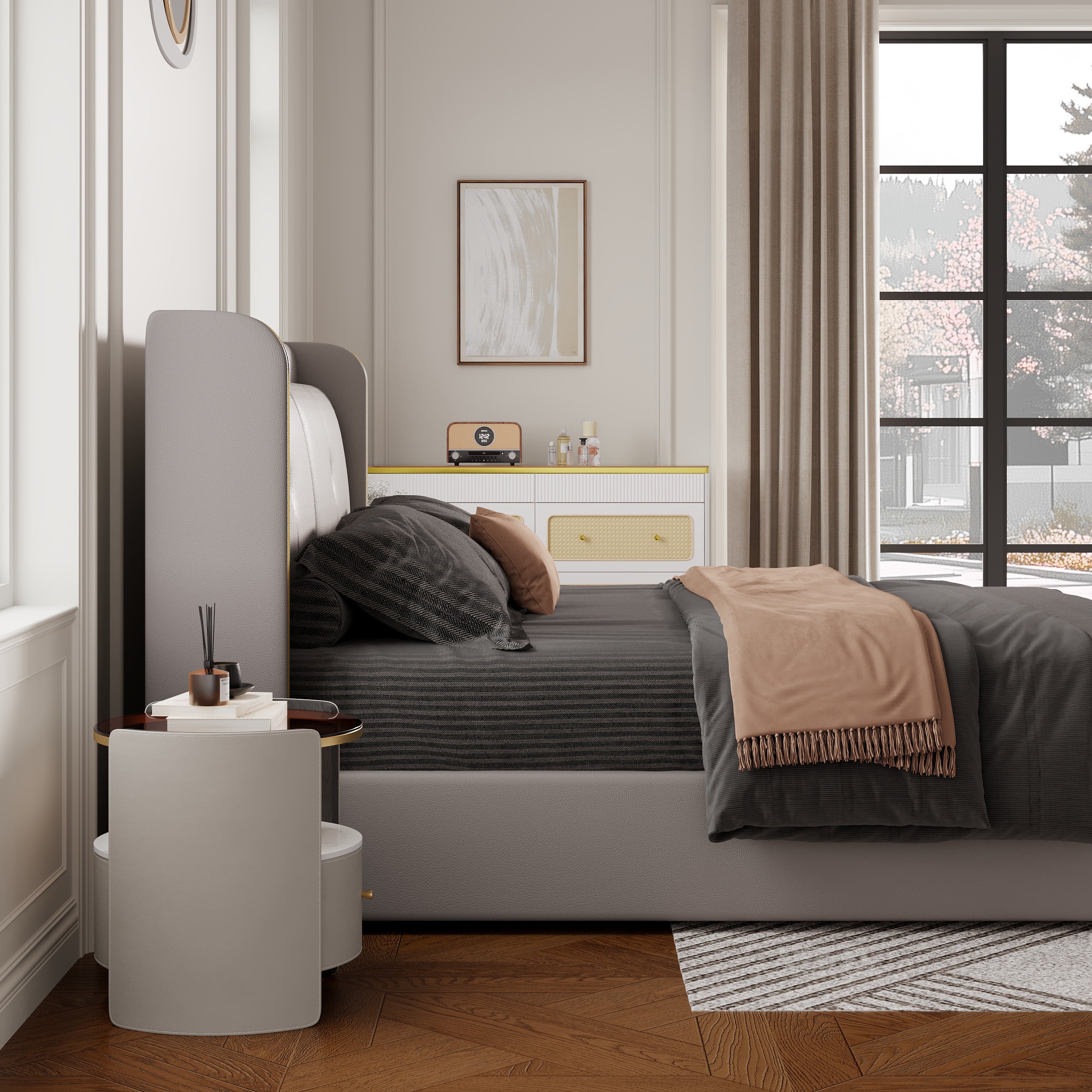 HMR Wingback Bed Headboard & 2 Nightstands Set with Wireless Charger - Light Gray, Queen, Style B