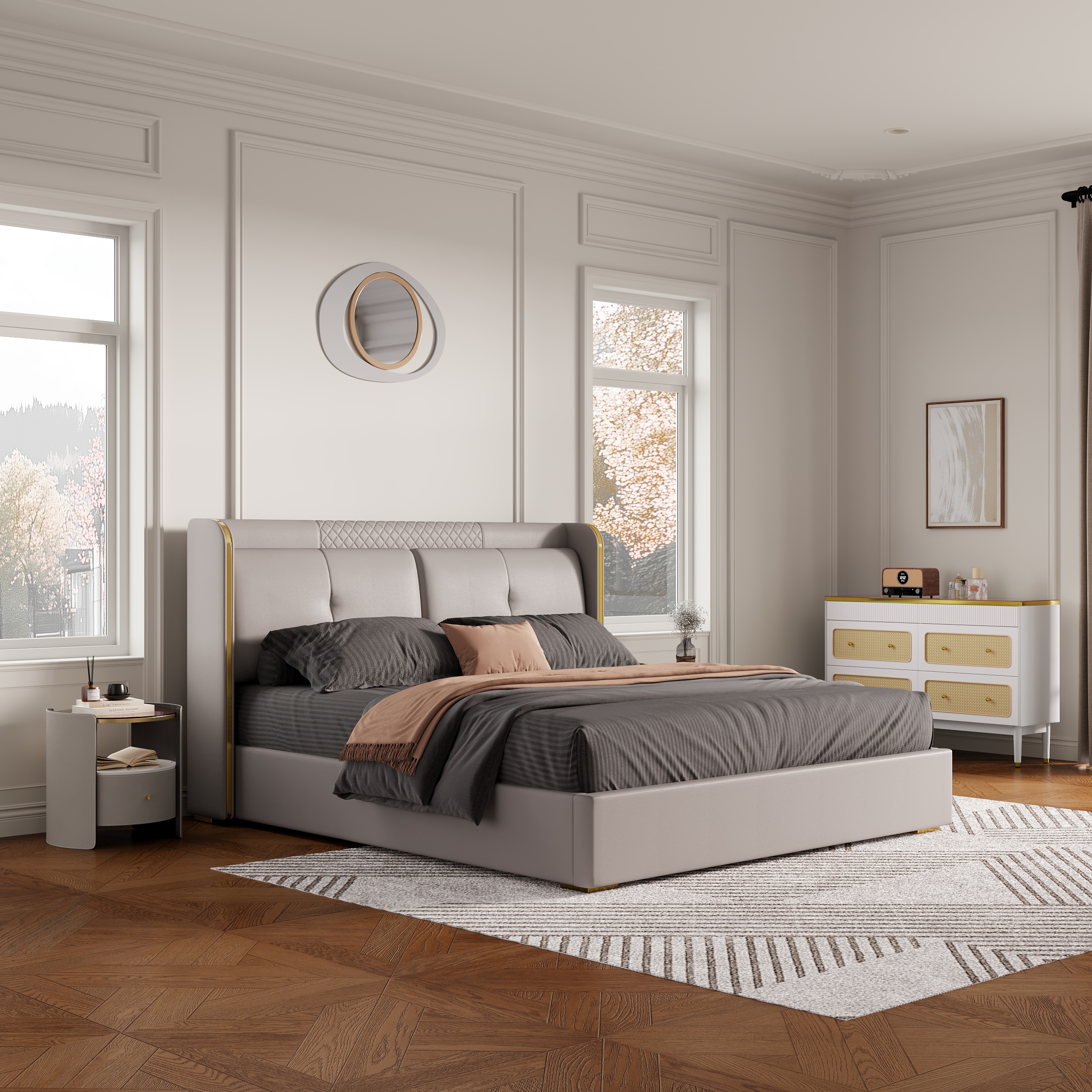 HMR Wingback Bed Headboard & 2 Nightstands Set with Wireless Charger - Light Gray, Queen, Style B
