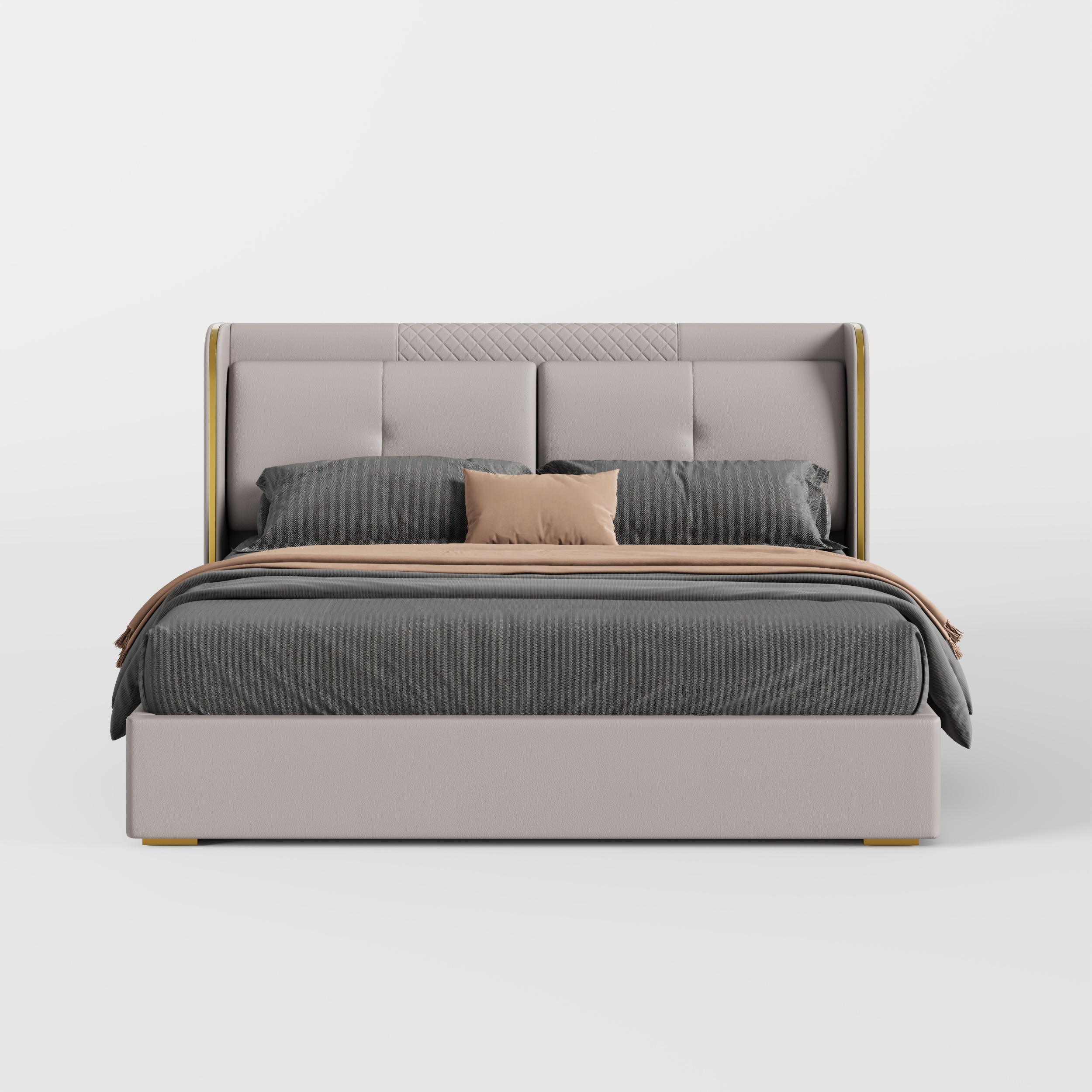 HMR Wingback Bed Headboard & 2 Nightstands Set with Wireless Charger - Light Gray, Queen, Style B