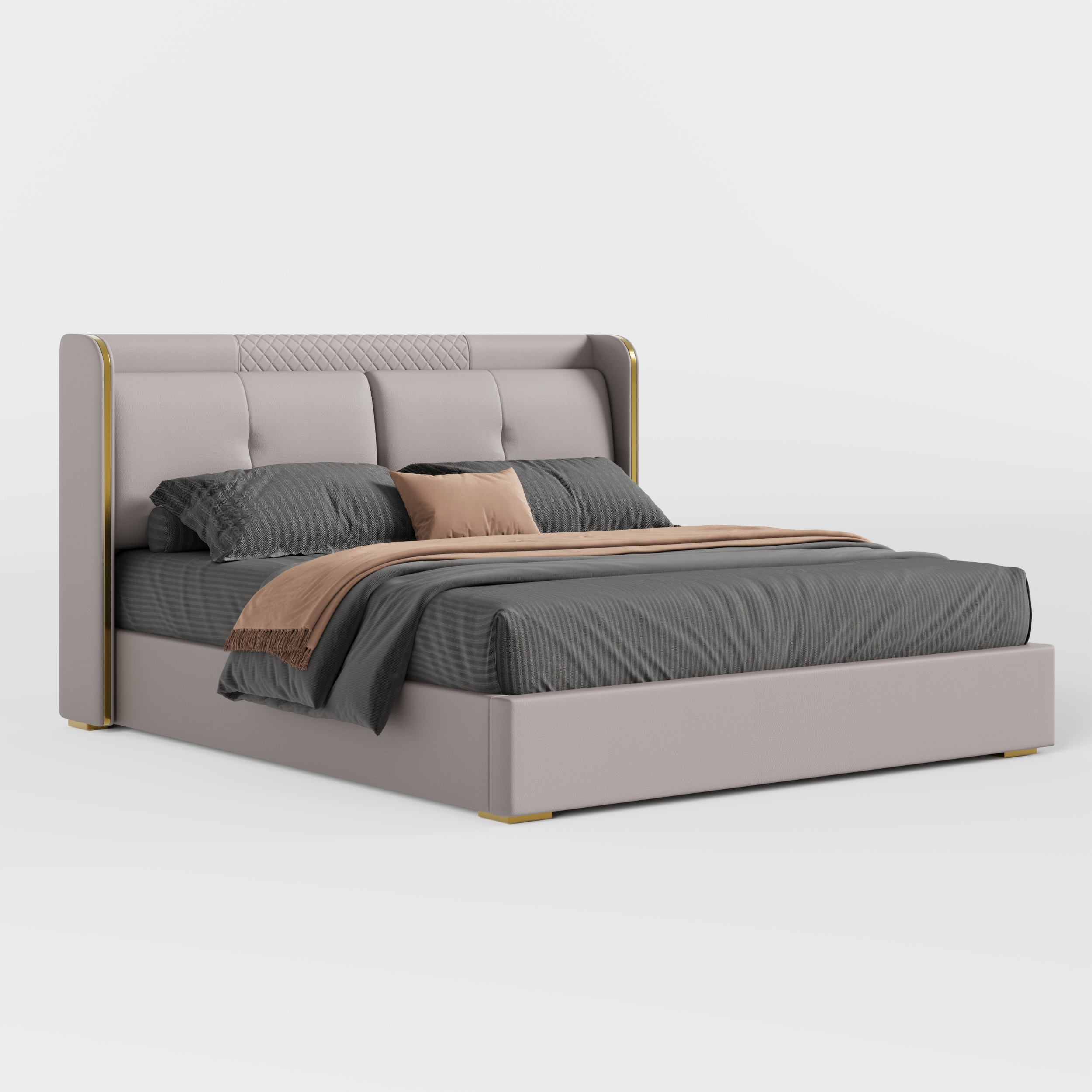 HMR Wingback Bed Headboard & 2 Nightstands Set with Wireless Charger - Light Gray, Queen, Style B