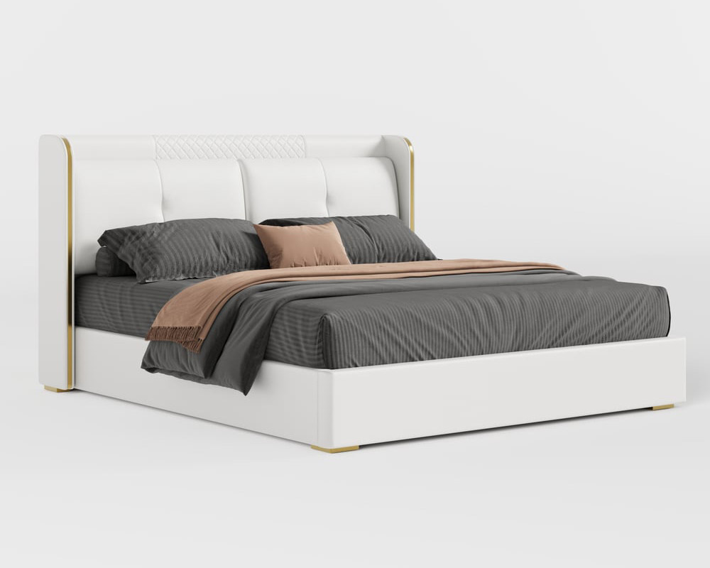 HMR Wingback Bed Headboard & 2 Nightstands Set with Wireless Charger - Off-White, Queen, Style A