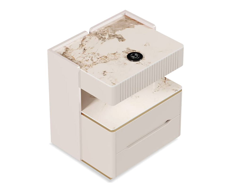 HMR Wingback Bed Headboard & 2 Nightstands Set with Wireless Charger - Off-White, Queen, Style A