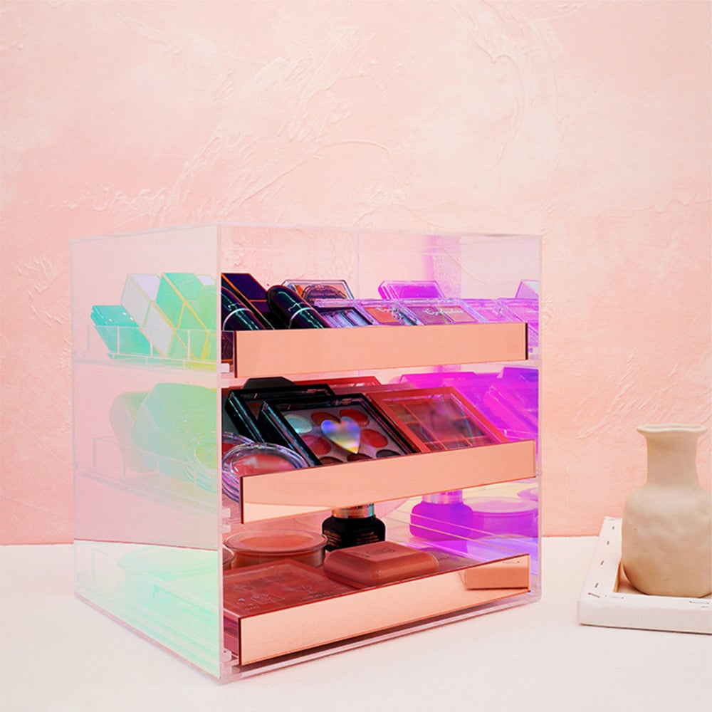 HMR - Iridescent & Clear Makeup Organizer Cosmetic Rack Desk Storage Display Box with Drawers