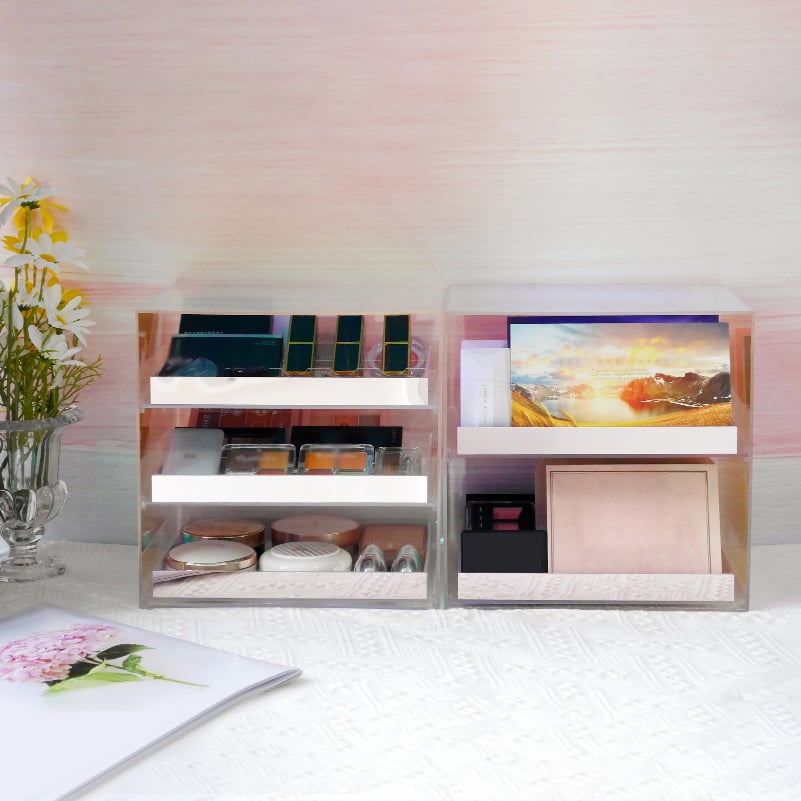 HMR - Iridescent & Clear Makeup Organizer Cosmetic Rack Desk Storage Display Box with Drawers