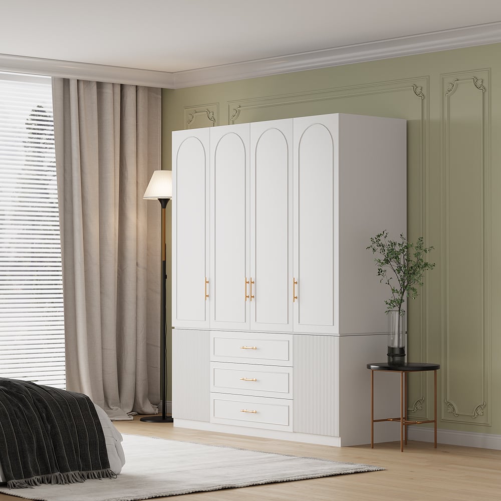 HMR - Modern Luxury White Wide Armoire Clothes Cabinet with 3 Drawers & 6 Doors