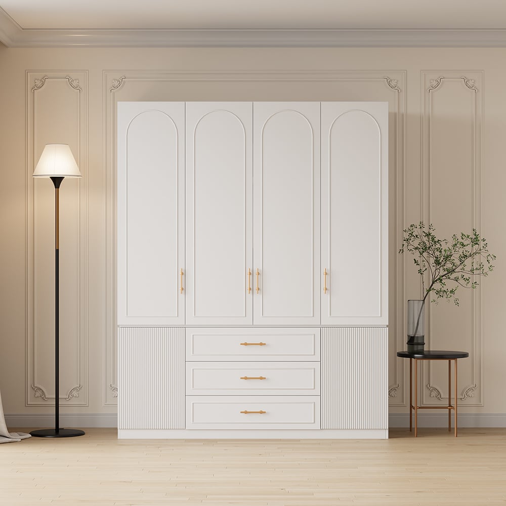 HMR - Modern Luxury White Wide Armoire Clothes Cabinet with 3 Drawers & 6 Doors