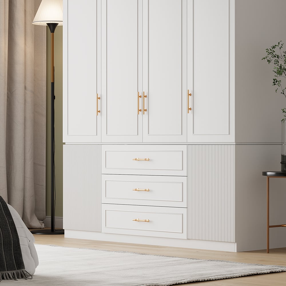 HMR - Modern Luxury White Wide Armoire Clothes Cabinet with 3 Drawers & 6 Doors