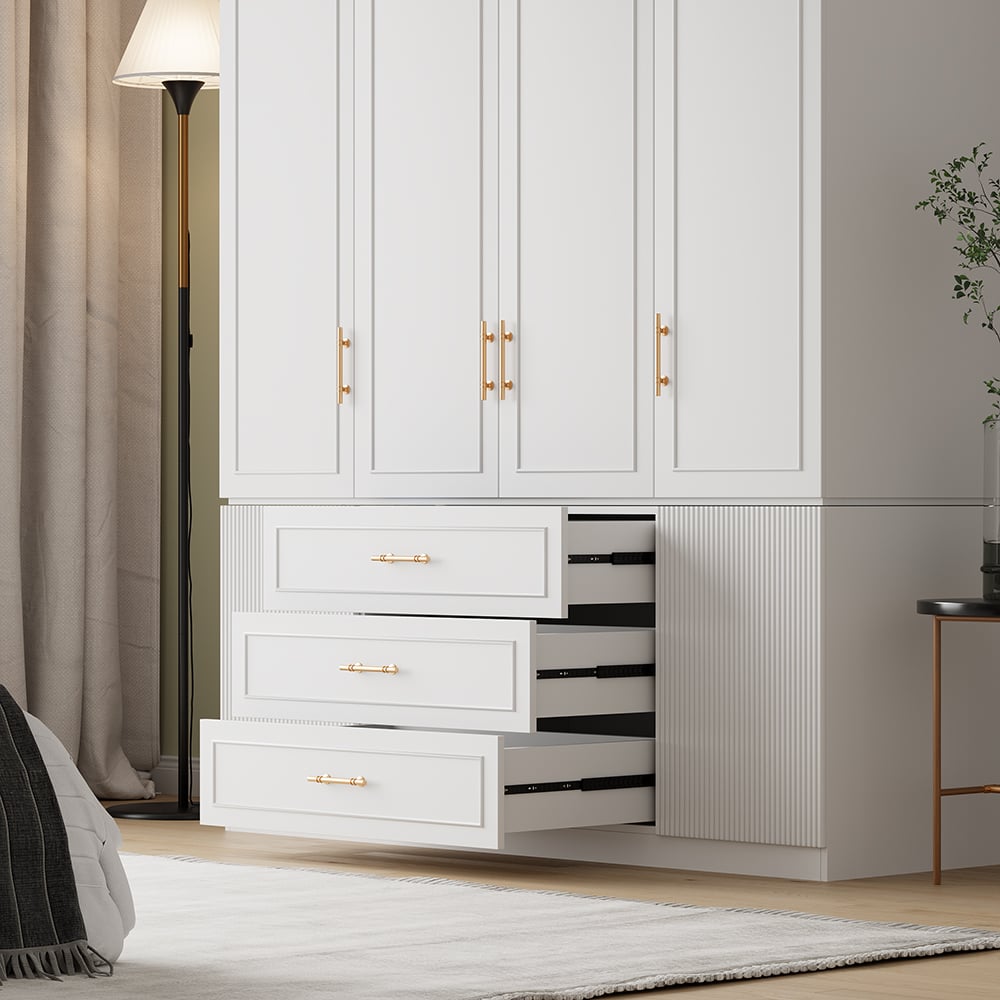 HMR - Modern Luxury White Wide Armoire Clothes Cabinet with 3 Drawers & 6 Doors