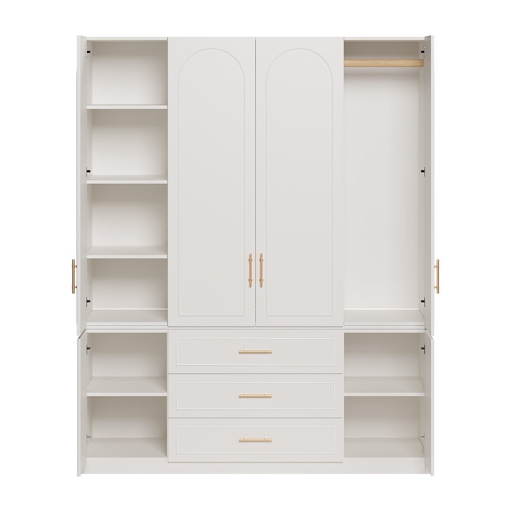 HMR - Modern Luxury White Wide Armoire Clothes Cabinet with 3 Drawers & 6 Doors