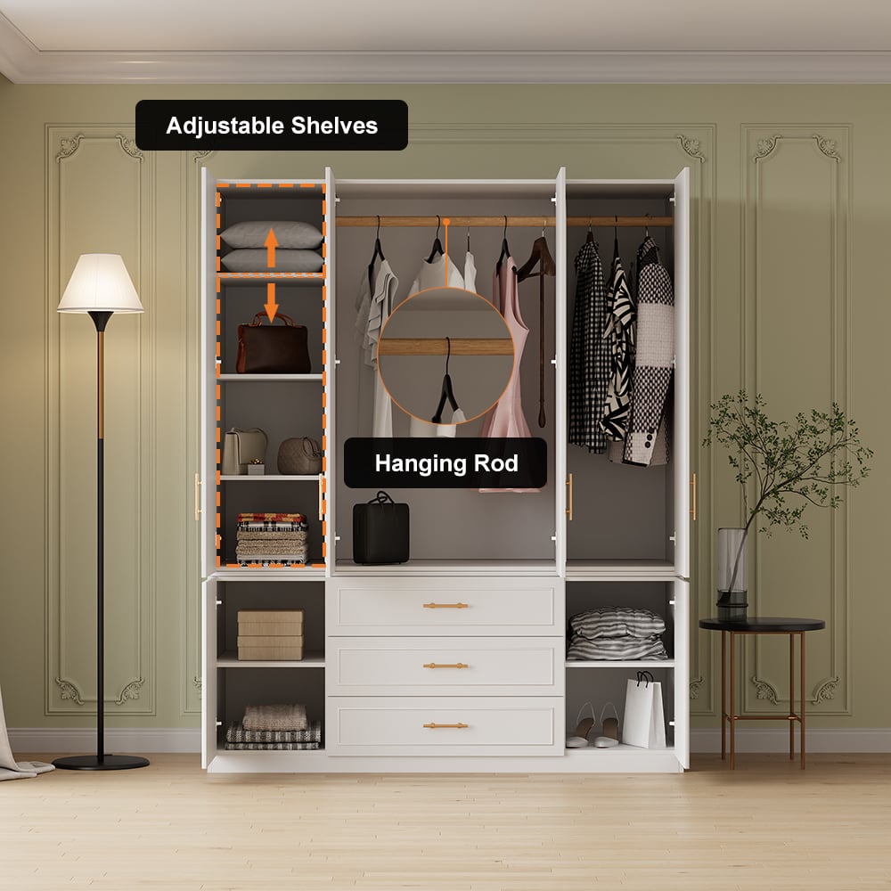 HMR - Modern Luxury White Wide Armoire Clothes Cabinet with 3 Drawers & 6 Doors