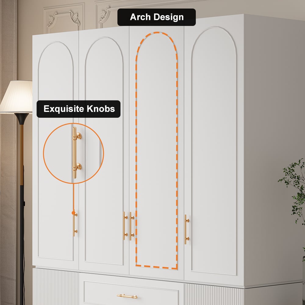 HMR - Modern Luxury White Wide Armoire Clothes Cabinet with 3 Drawers & 6 Doors