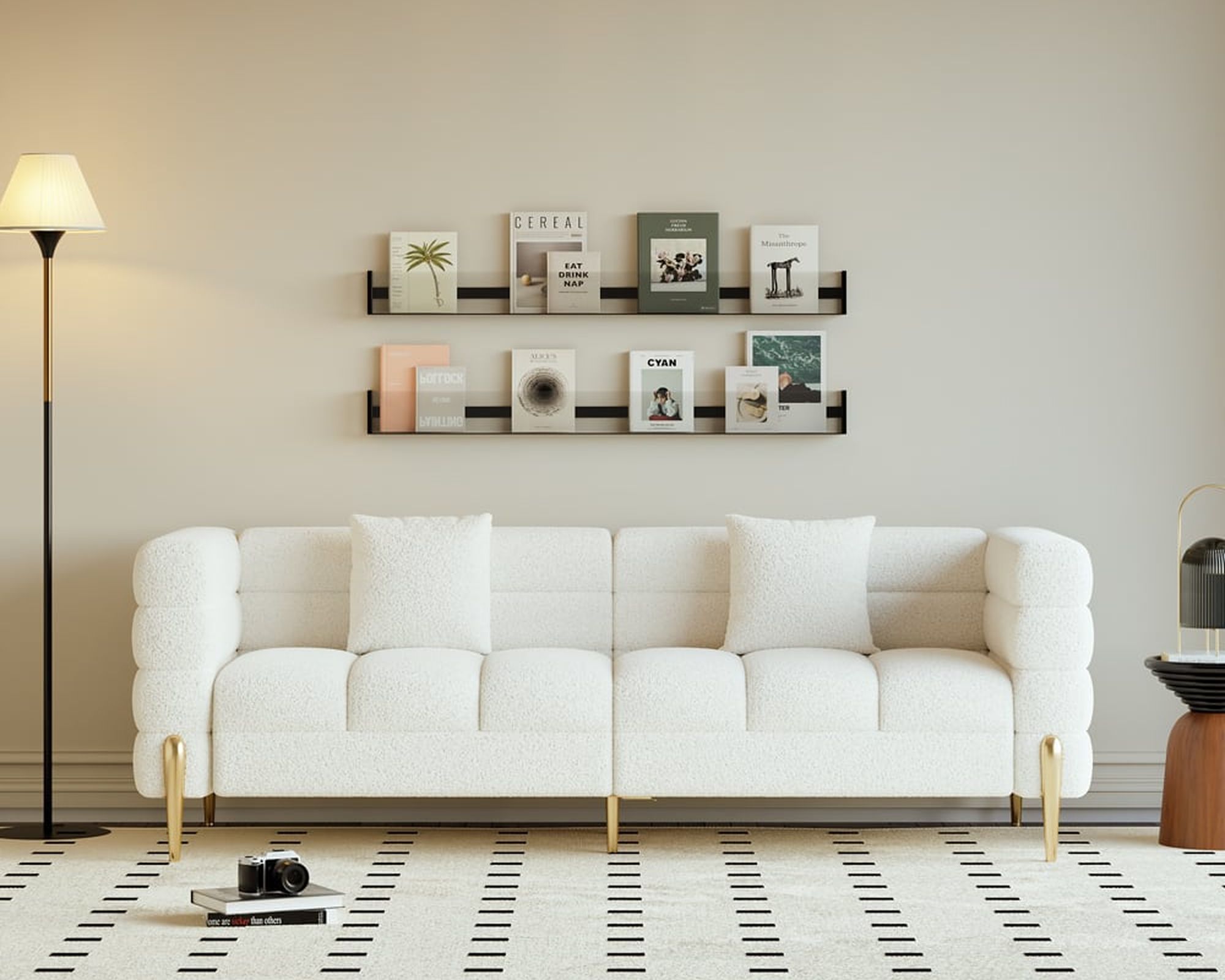 HMR Aurora 79" Fluted Sofa with Gold Legs & Pillows - White, Boucle