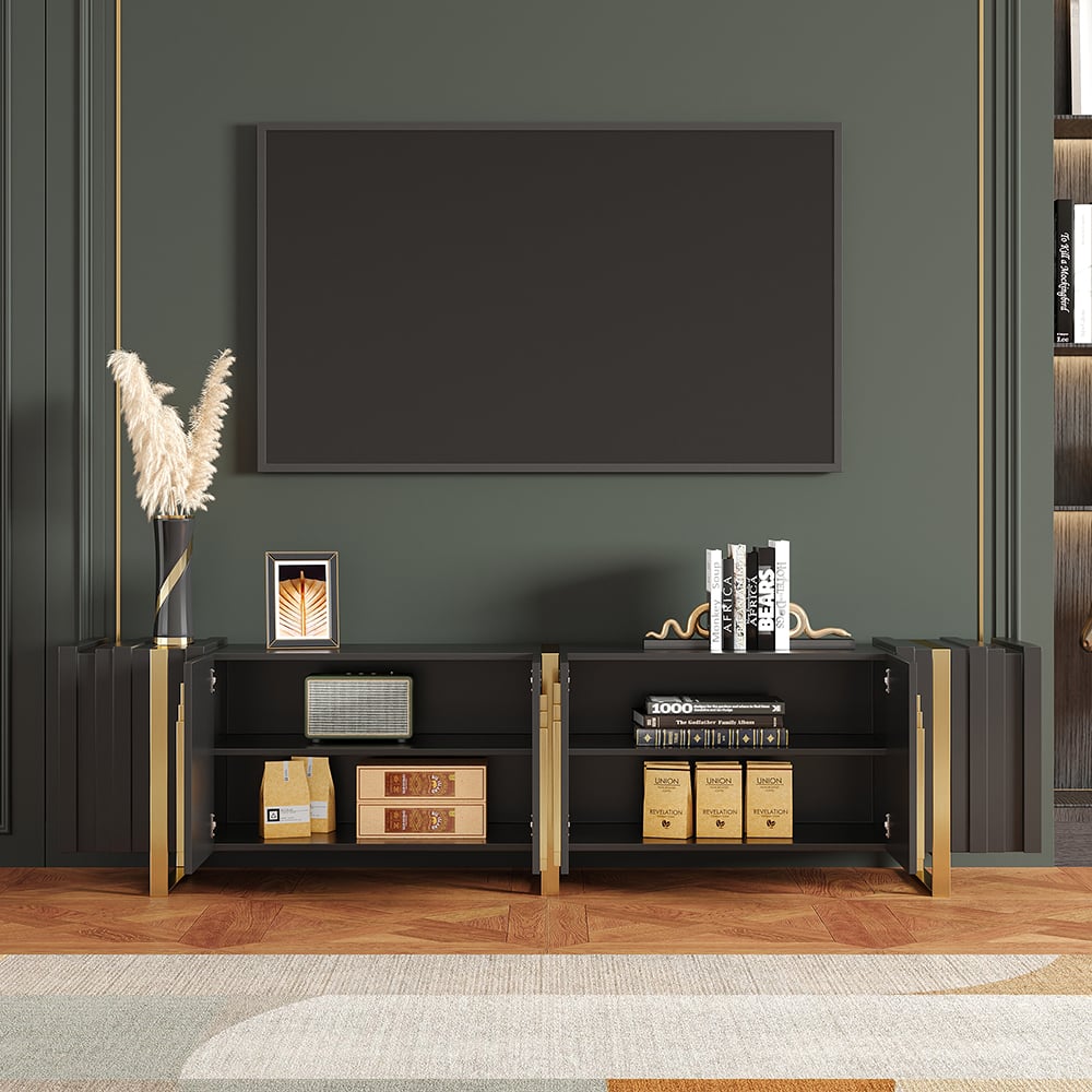 HMR - Aurea 78.7" Light Luxury TV Stand Black Rectangular with 4 Doors & 2 Shelves in Gold