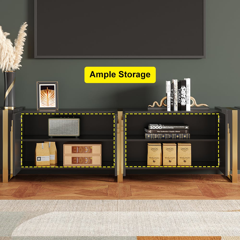 HMR - Aurea 78.7" Light Luxury TV Stand Black Rectangular with 4 Doors & 2 Shelves in Gold