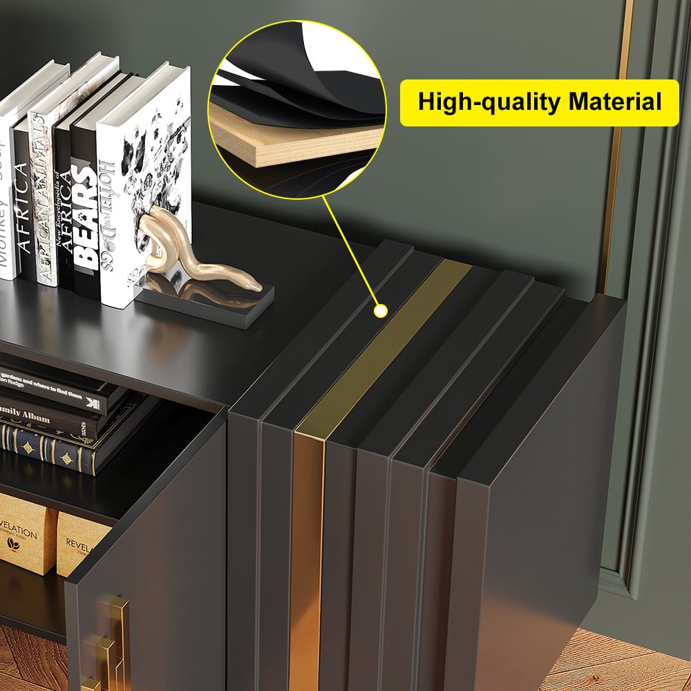 HMR - Aurea 78.7" Light Luxury TV Stand Black Rectangular with 4 Doors & 2 Shelves in Gold