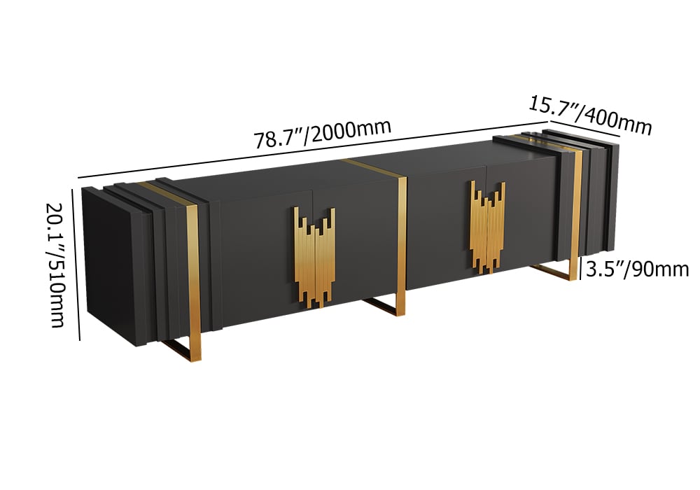 HMR - Aurea 78.7" Light Luxury TV Stand Black Rectangular with 4 Doors & 2 Shelves in Gold