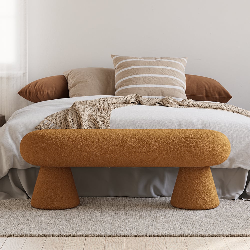 HMR - Modern Orange Boucle Bedroom Bench Upholstered Long Bench with 2 Legs