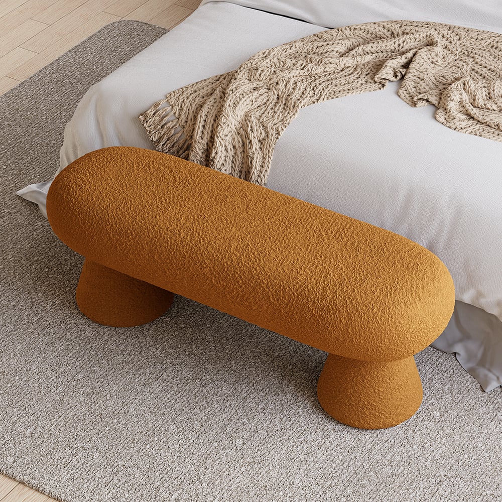 HMR - Modern Orange Boucle Bedroom Bench Upholstered Long Bench with 2 Legs