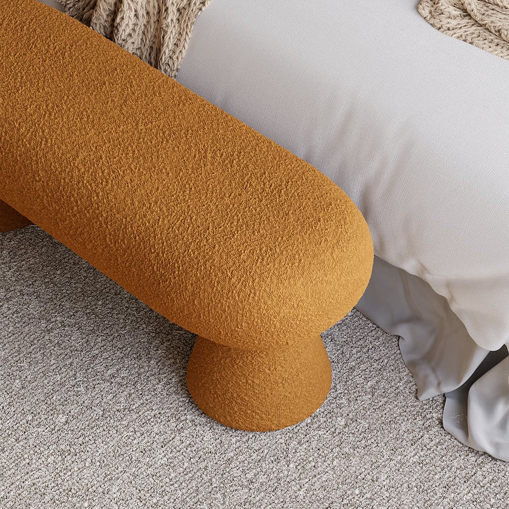 HMR - Modern Orange Boucle Bedroom Bench Upholstered Long Bench with 2 Legs