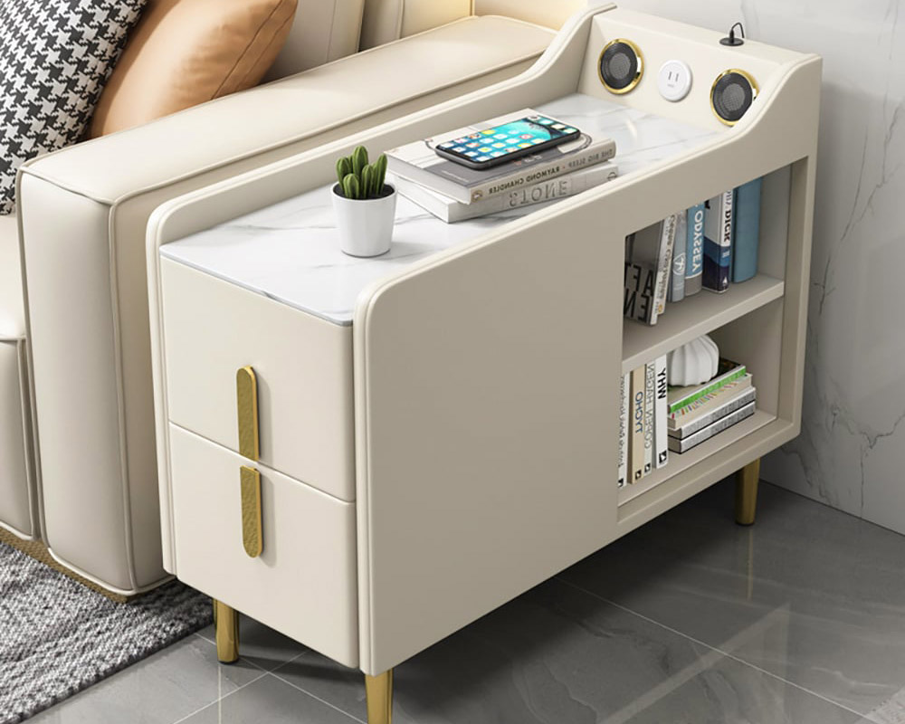 HMR Modern Multifunctional Narrow Side Table Sintered Stone Top End Table Speaker & USB Port - Beige