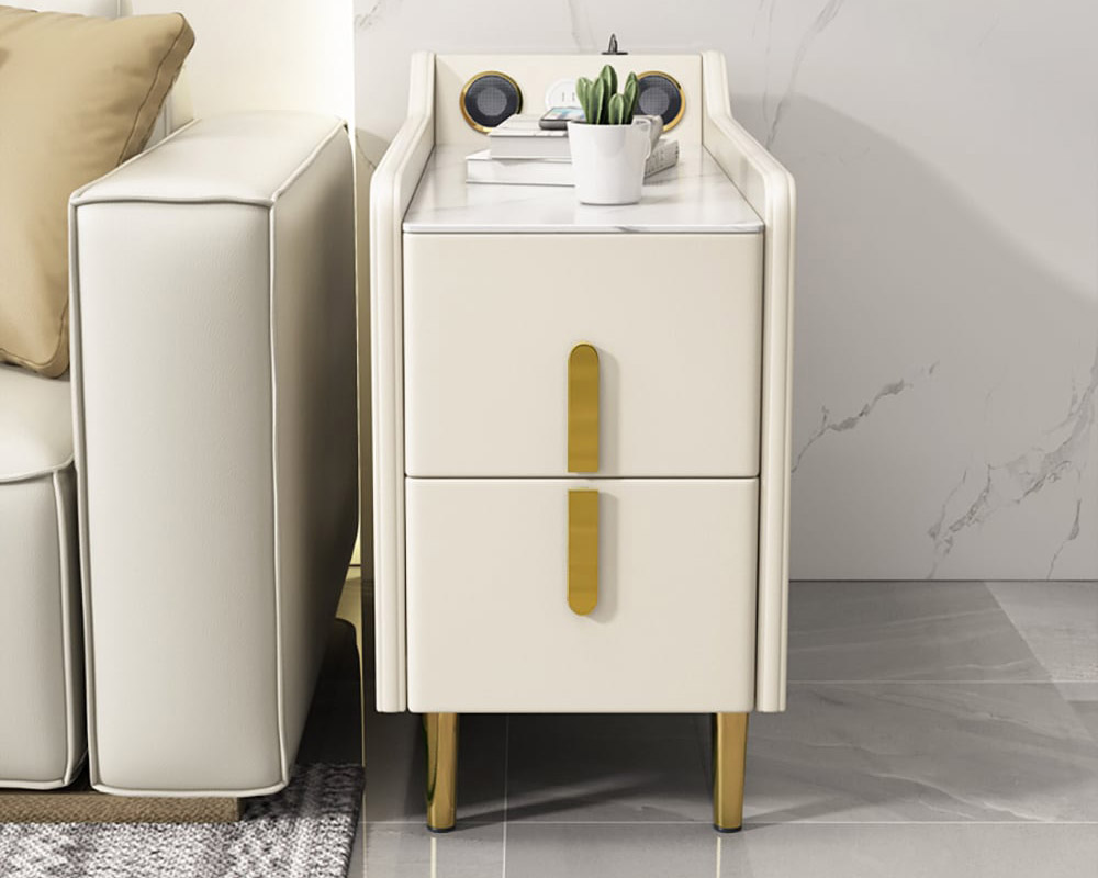 HMR Modern Multifunctional Narrow Side Table Sintered Stone Top End Table Speaker & USB Port - Beige
