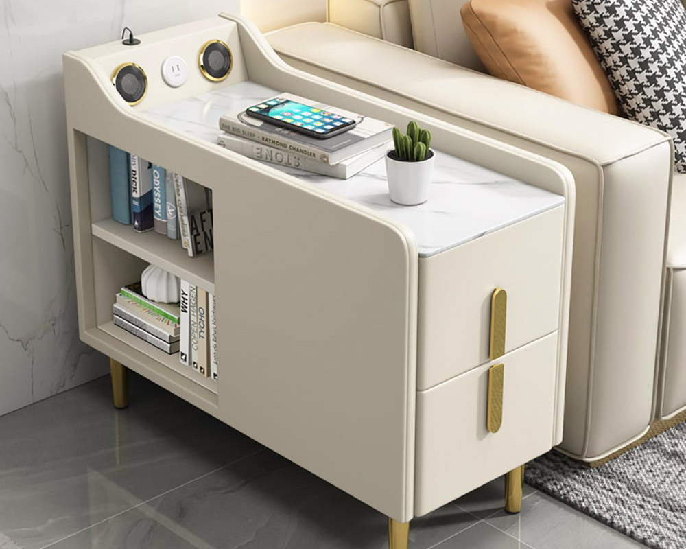 HMR Modern Multifunctional Narrow Side Table Sintered Stone Top End Table Speaker & USB Port - Beige