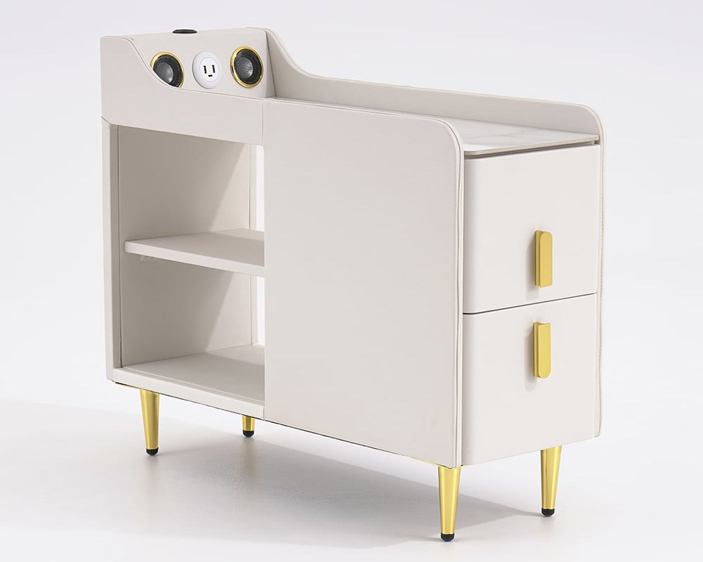 HMR Modern Multifunctional Narrow Side Table Sintered Stone Top End Table Speaker & USB Port - Beige
