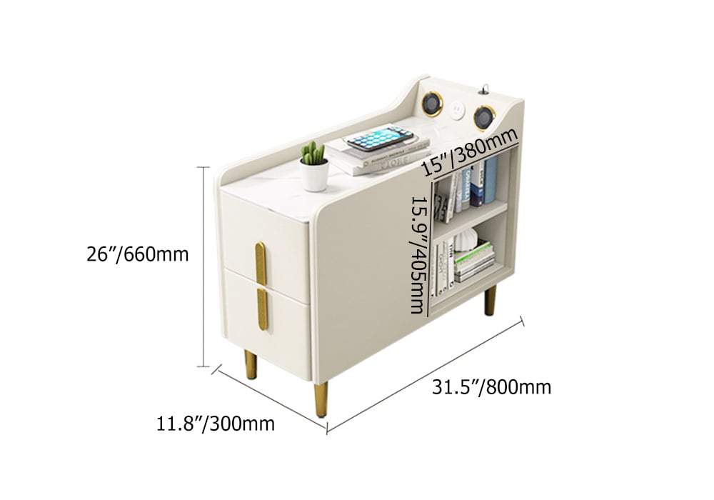 HMR Modern Multifunctional Narrow Side Table Sintered Stone Top End Table Speaker & USB Port - Beige