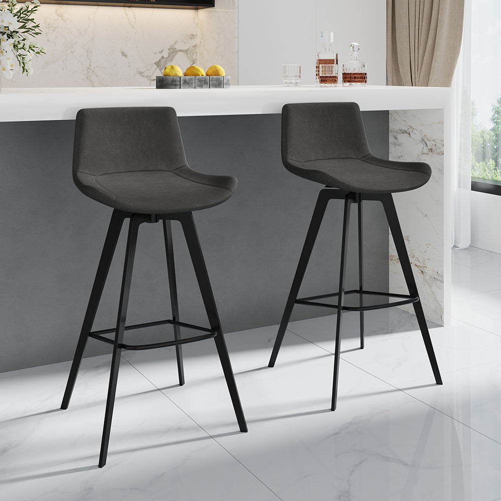 HMR - Linesly Series Set of 2 Mid-Century Modern Swivel PU Leather Bar Stools with Upholstery