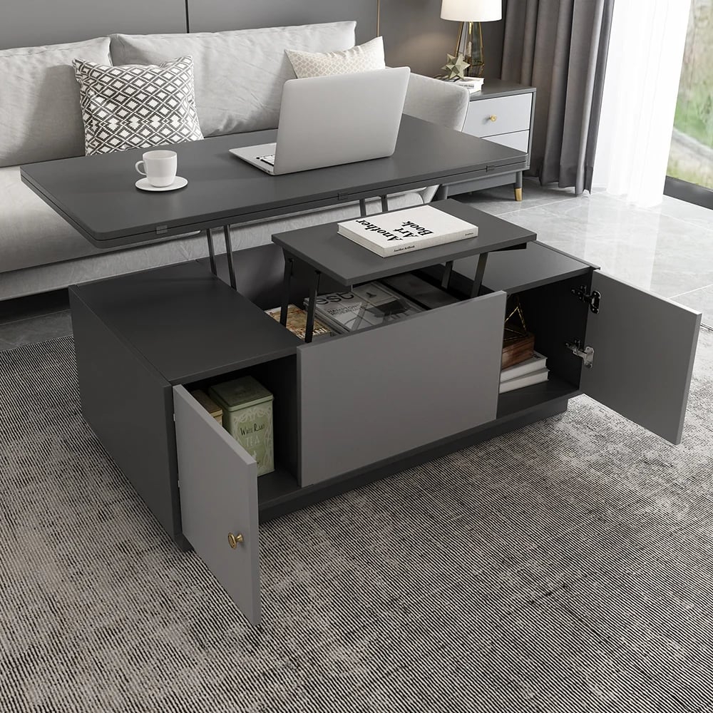 HMR - Set of 2 Gray Extendable 3 Drawers TV Stand & Lift-Top Coffee Table Set Up to 120"